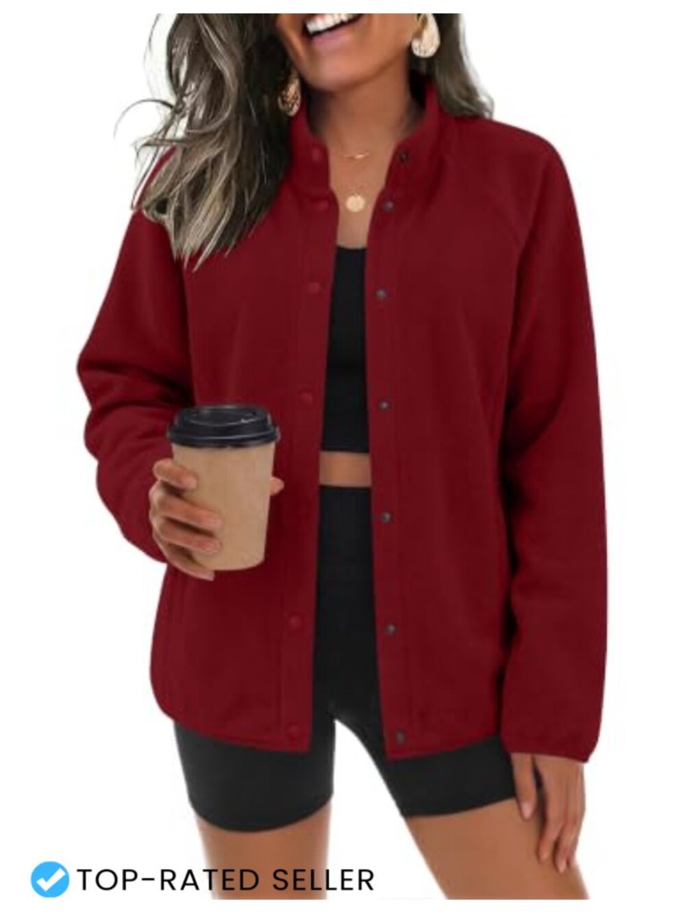 Women's Fleece Jacket Button Down Stand Collar 4 Pockets Cozy Winter Warm Coat